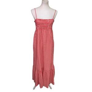 New American Womens Medium Smocked Gingham Check Fit and Flarel Maxi Dress